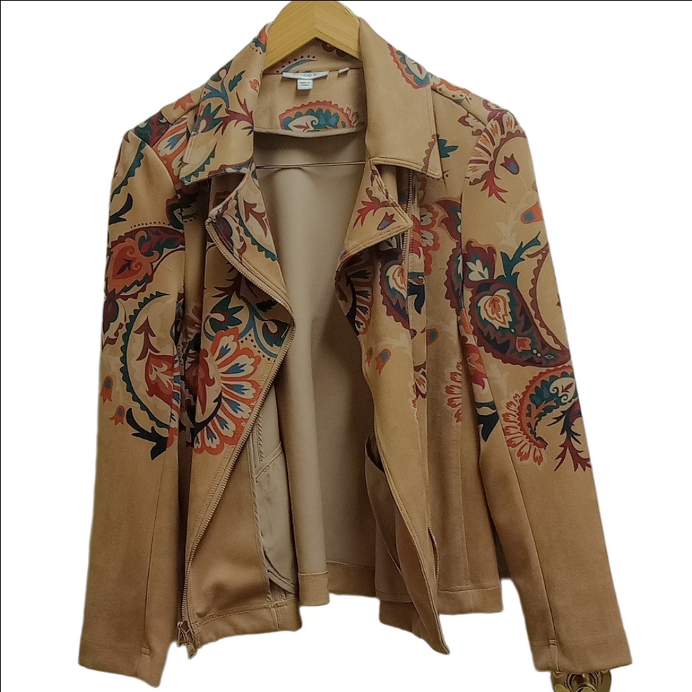 CHICO'S ARTISANAL TAN FAUX SUEDE WOMEN'S JACKET WITH MULTICOLOR PAISLEY DESIGNS - Picture 6 of 12